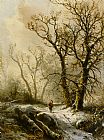 A Figure in a Snowy Forest Landscape by Pieter Lodewijk Francisco Kluyver